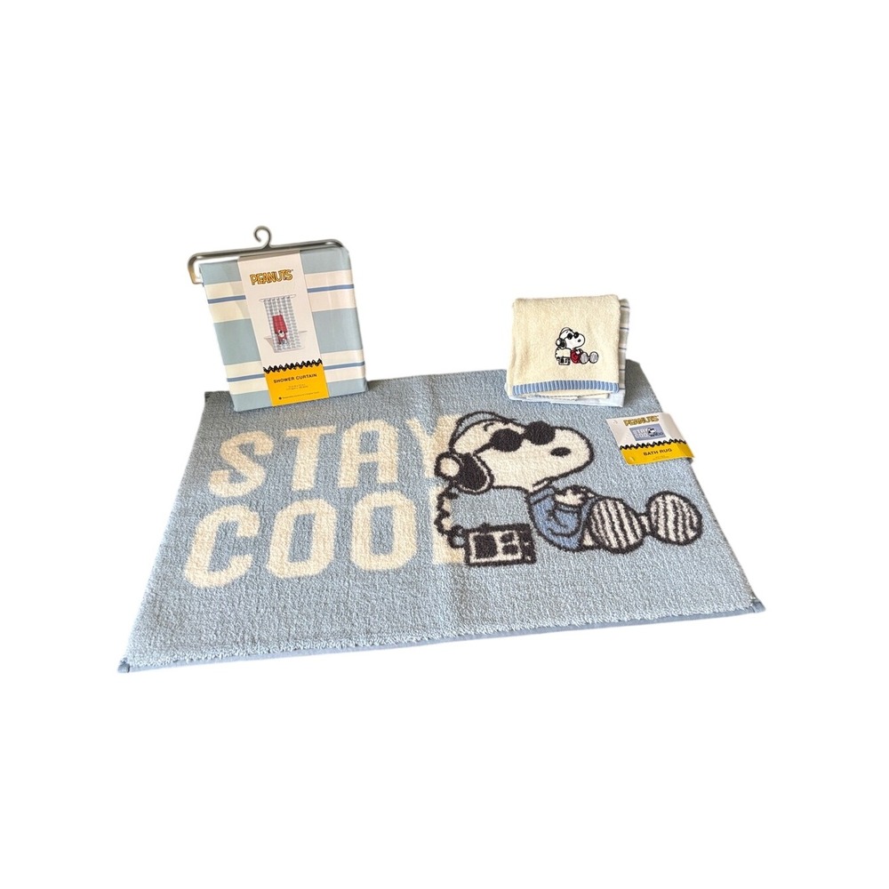 Peanuts Snoopy Joe Cool Shower Curtain, Bath Rug & Hand Towel Set GIFT NEW